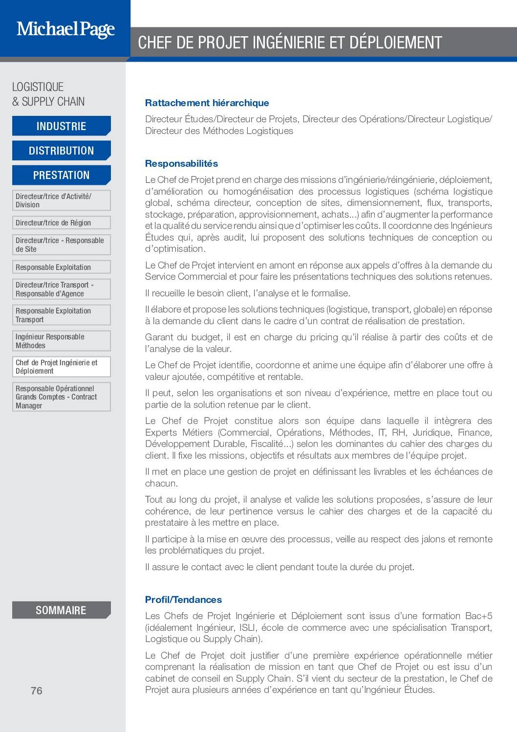 Chef de Projet Ingénierie et Déploiement – Fiche métier