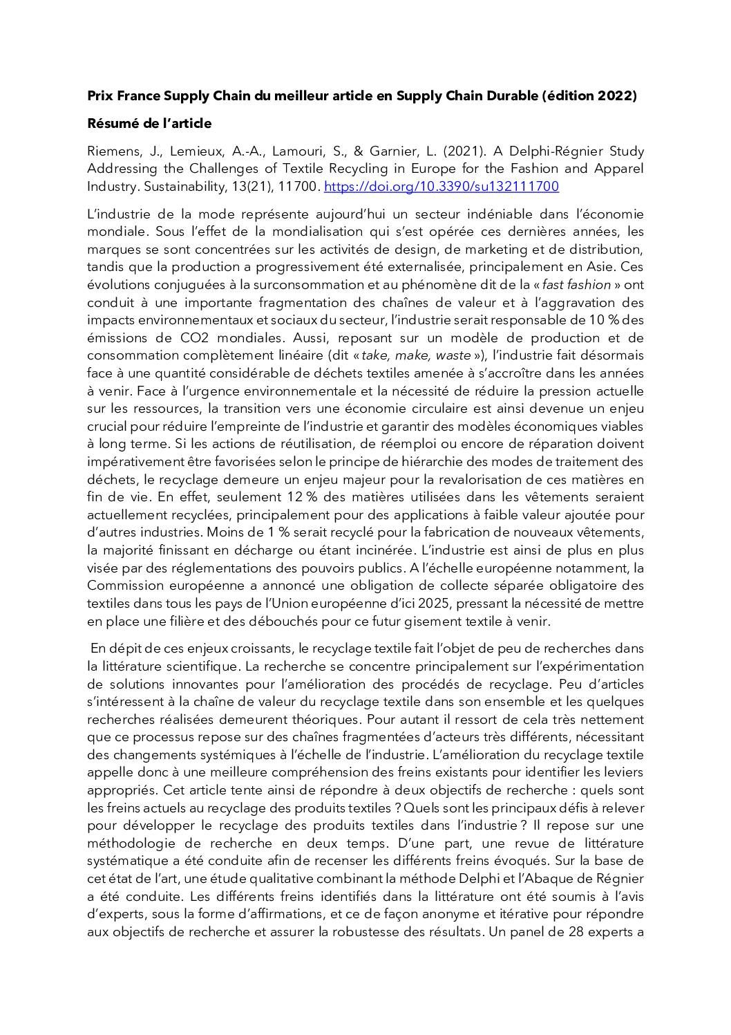 Prix France Supply Chain du meilleur article en Supply Chain Durable (édition 2022)