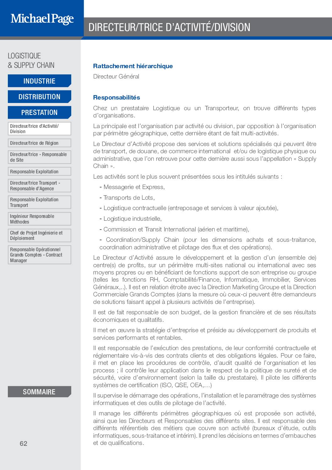 Directeur, Directrice d’Activité ou de Division – Fiche métier